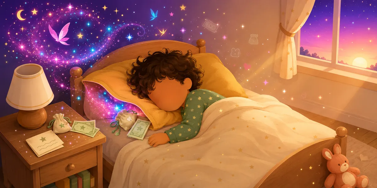 A faceless child with curly hair, in green-and-yellow star pajamas, asleep in bed with their head resting on a yellow pillow. A magical trail of pink, blue, and gold sparkles spills out from under the pillow and curls up into a starry galaxy on the wall behind. A small drawstring pouch with a tooth icon and a few green dollar bills sit on the nightstand next to a tooth-fairy ticket and a wand. A pink bunny stuffie waits at the foot of the bed. The window shows a sunset sky.