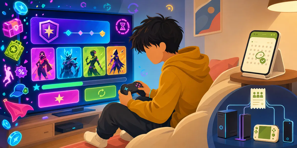 A back-of-head kid in a yellow hoodie and dark sweatpants on a couch, holding a game controller, facing a TV showing a generic battle-pass progression UI (four colorful character skins, an hourglass, a glowing progress bar). A phone on the nightstand to the right displays a budget tracker with a green checkmark. Floating to the left: generic cosmetic icons (loot box, costume figure, dance emote, hat, cape). Bright neon palette. Generic in-game prompts only, no brand assets.