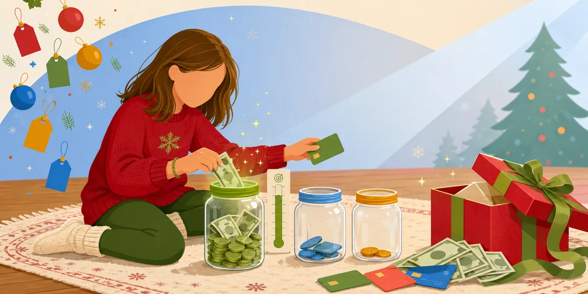 A kid sorting Christmas money into green Save, Spend, and Give jars by the tree, the core of what to do with Christmas money.