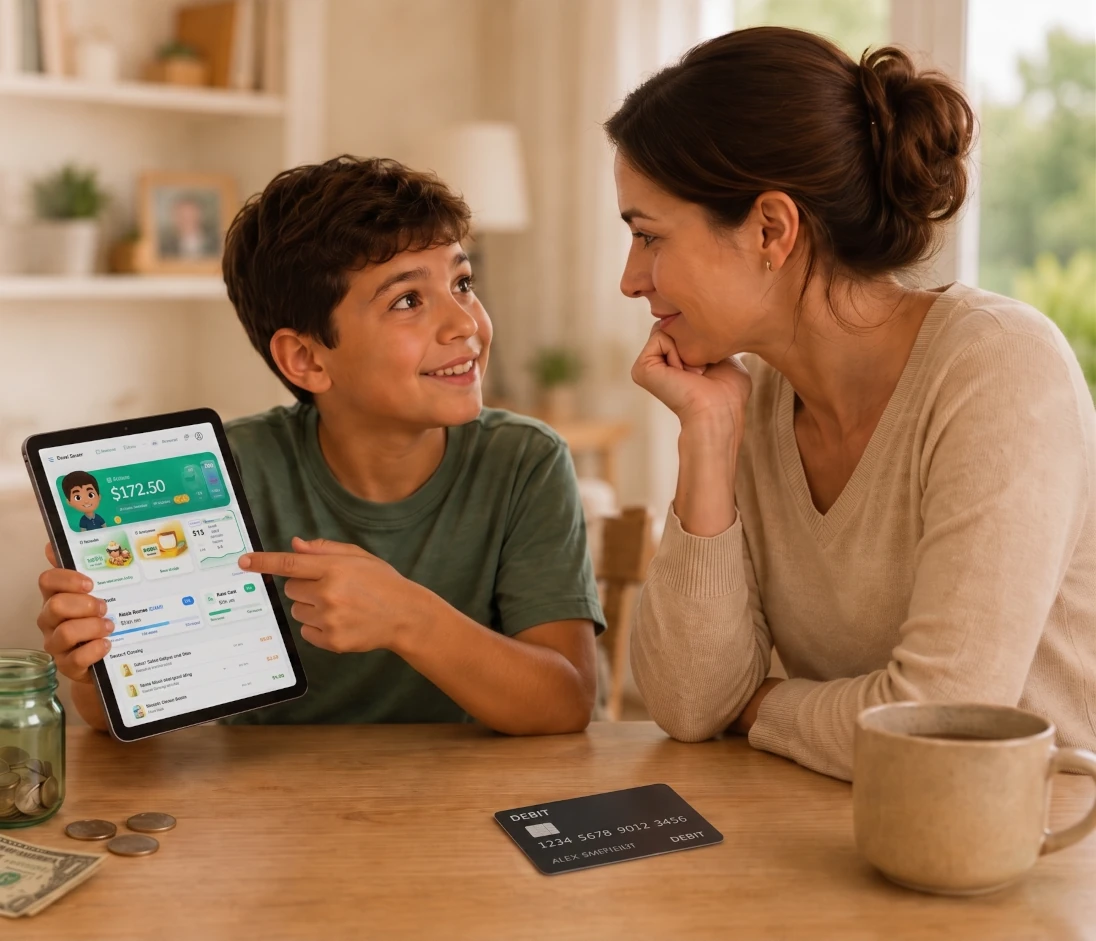 A child showing his savings progress on the Sprout Saver app to his mom