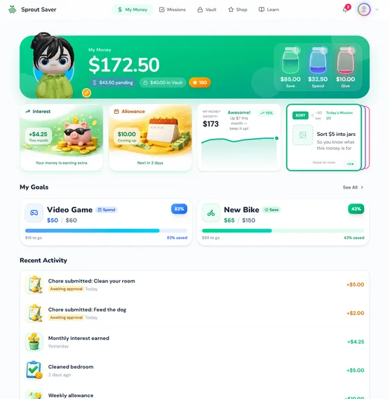 Child dashboard showing money jars, goals, missions, and recent activity
