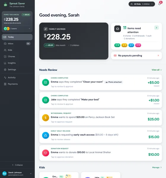 Parent dashboard showing family savings, chore approvals, and spending requests